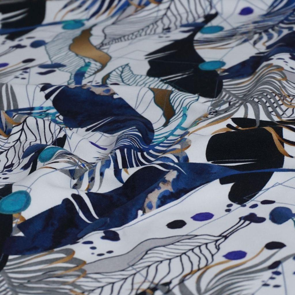 Preview: Stretch-Sweat Federn und Blätter indigo weiß